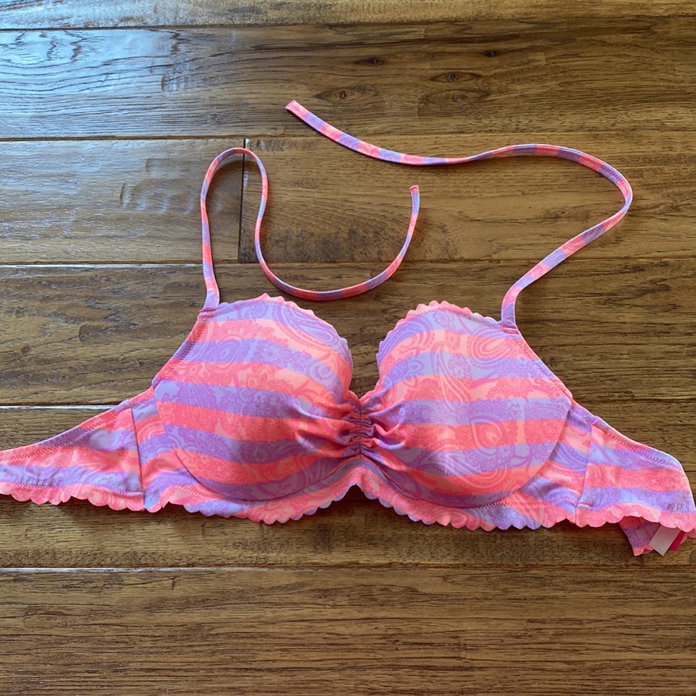 Orange and purple striped bikini top